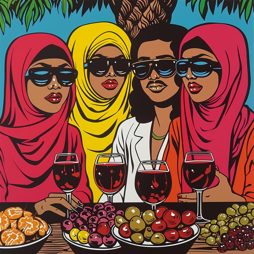 Abdul  Mati  Klarwein  women  hijabs  table  wine  colorful  interior  art 1022780