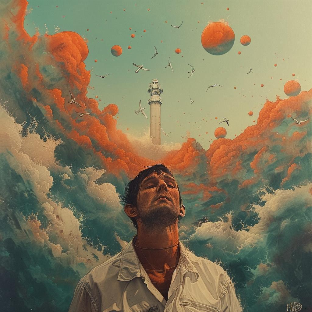 album  cover  man  lighthouse  clouds  red  balls  detail  surreal  Tycho 964347