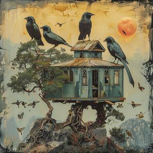 birds  treehouse  forest  colorful  nature  chromolithography  whimsical  art  illustration  serene 1051807