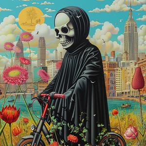 skeleton  scooter  flowers  NYC  playful  urban  whimsical  vibrant  transportation  contemporary 1037920