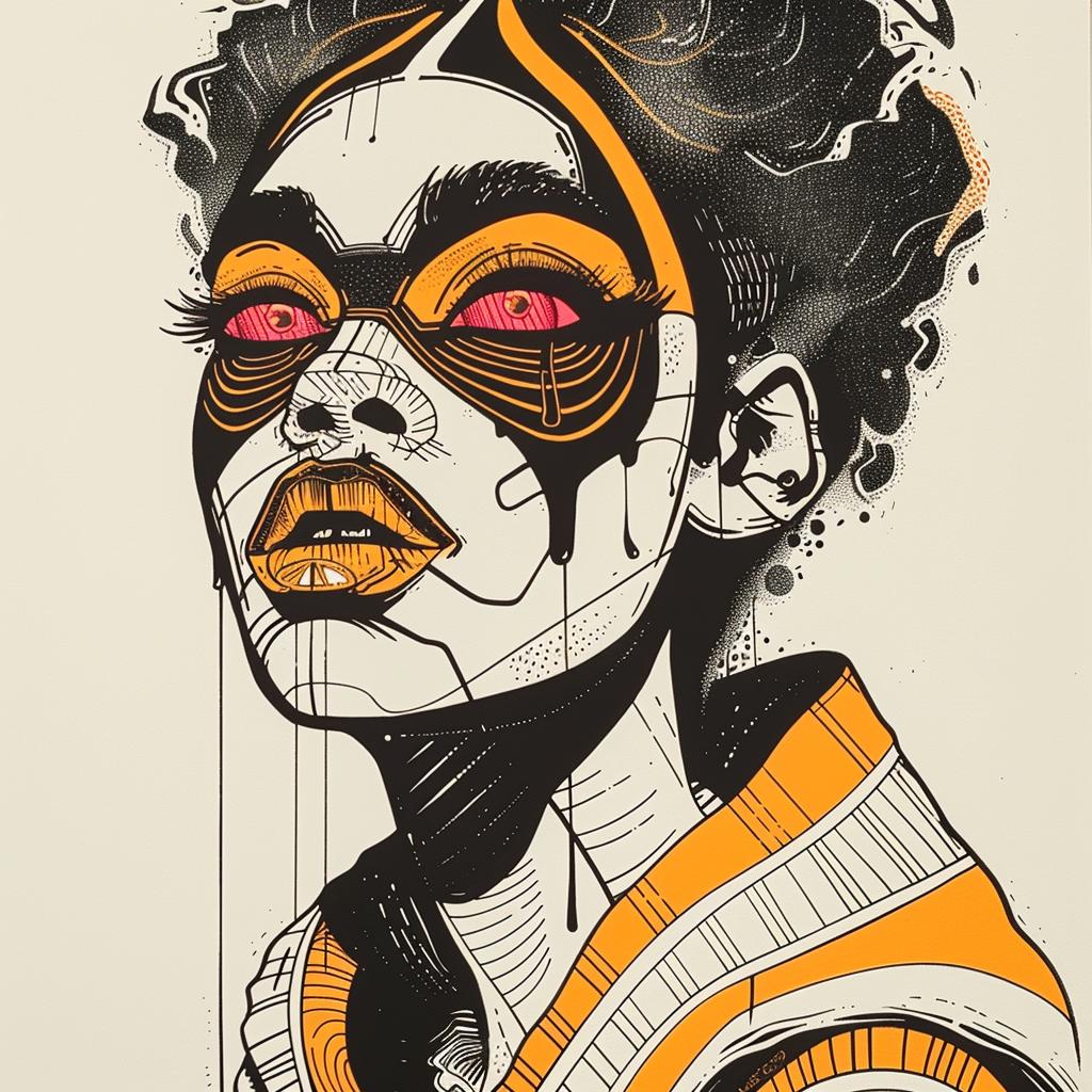 Pop  Art  drawing  African-American  woman  black  face  orange  eyes  Troy 939202