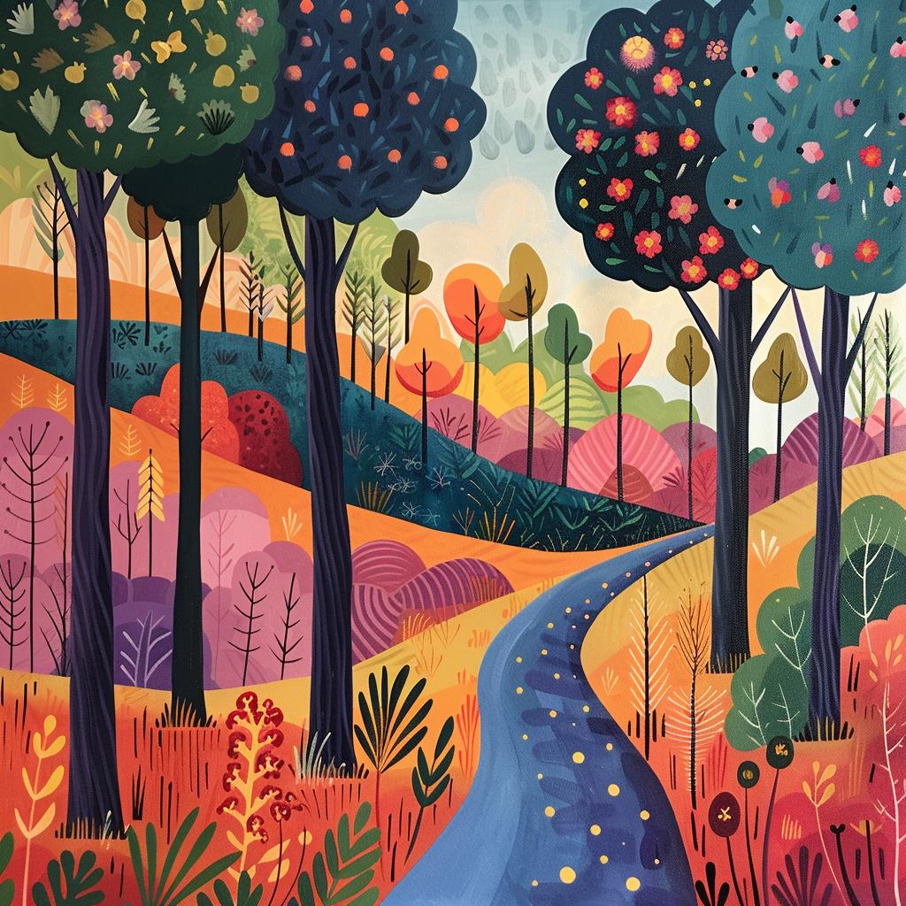 forest  illustration  colorful  flowers  trees  whimsical  vibrant  textured  nature  composition 938685