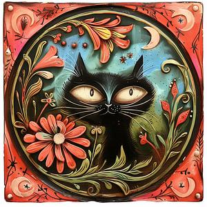 cat  flowers  ornate  chromolithography  painting  black  colorful  nature  feline  artwork 1056240