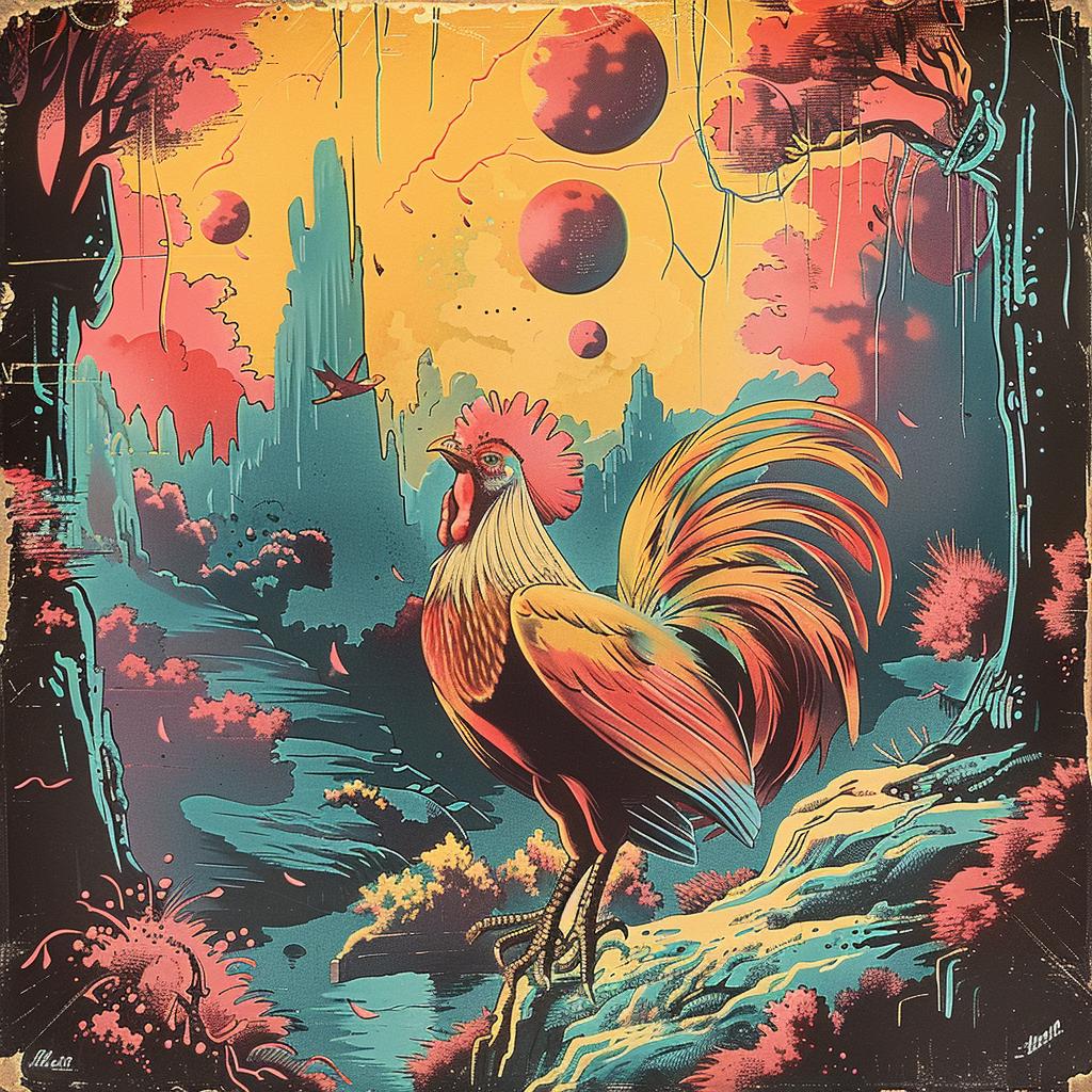 rooster  colorful  background  painting  chromolithography  vibrant  farm  animal  artwork  composition 1035968