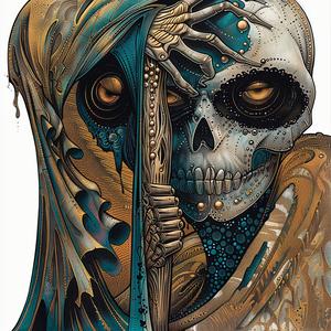 Jack Kirby  comic  Art Nouveau  Surrealism  pointillism  skull  headdress  gold  teal  vintage 1075977