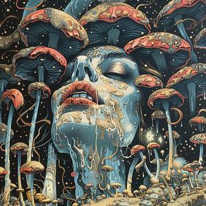 vintage  comic  illustration  surreal  pointillism  gold  indigo  teal  mushrooms  woman 1076507