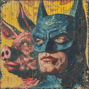 bat  pig  portrait  1950s  vintage  comic  surrealism  pointillism  Art Nouveau  gold 1076964