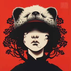 surreal  album  cover  woman  bear  hat  Risograph  Symbolist  hyper-realistic  screenprinting 1077616