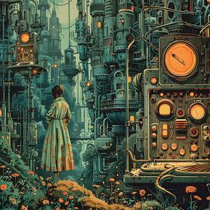 امرأة مدينة مستقبلية واقفة عمل فني حضري رسم توضيحي تصميم منظر طبيعي رقمي 1060130