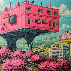 minimal  chromolithography  Frank Lloyd Wright  Simon Stalenhag  tree  pink  house  nature  design  dreamlike 1037619