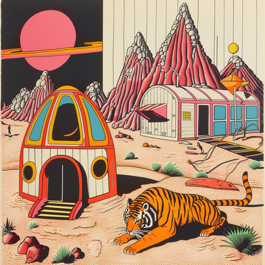 tiger  mountain  house  painting  sci-fi  cute  animals  landscape  whimsical  vibrant 959689