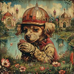 dog  hat  flowers  chromolithography  painting  nature  vibrant  cute  colorful  art 1050294