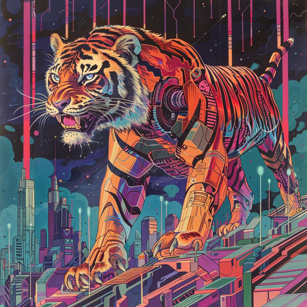 album  cover  art  mechanical  tiger  electro  synthwave  geometric  1980s  design 960709