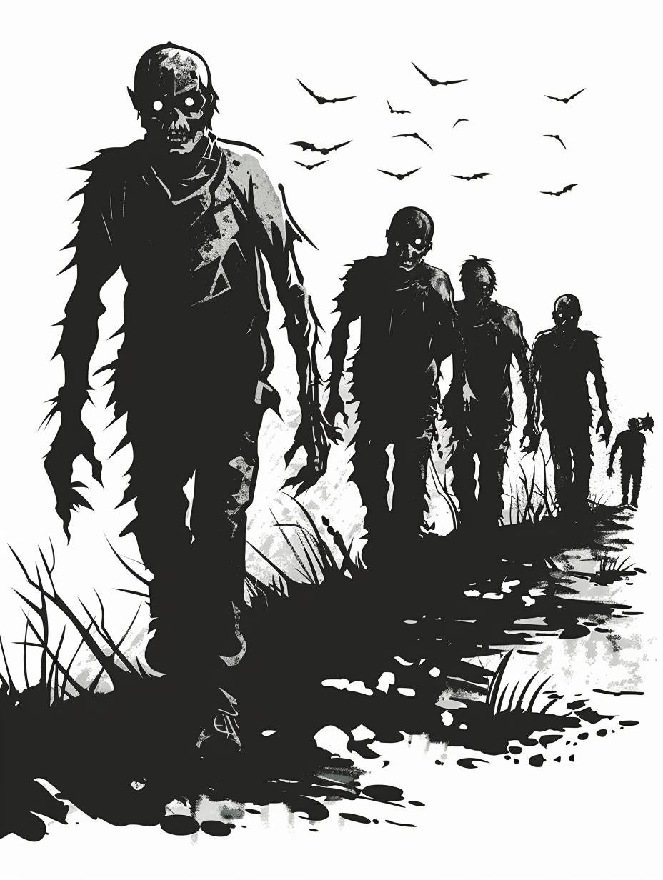 zombies  silhouette  black  white  icon  vintage  emblem  vector  linocut  walking 951809