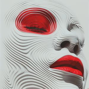 غلاف ألبوم سريالي من تصميم ريسوغراف رمزي، خطوط حمراء وبيضاء، وجوه عصرية 1077790