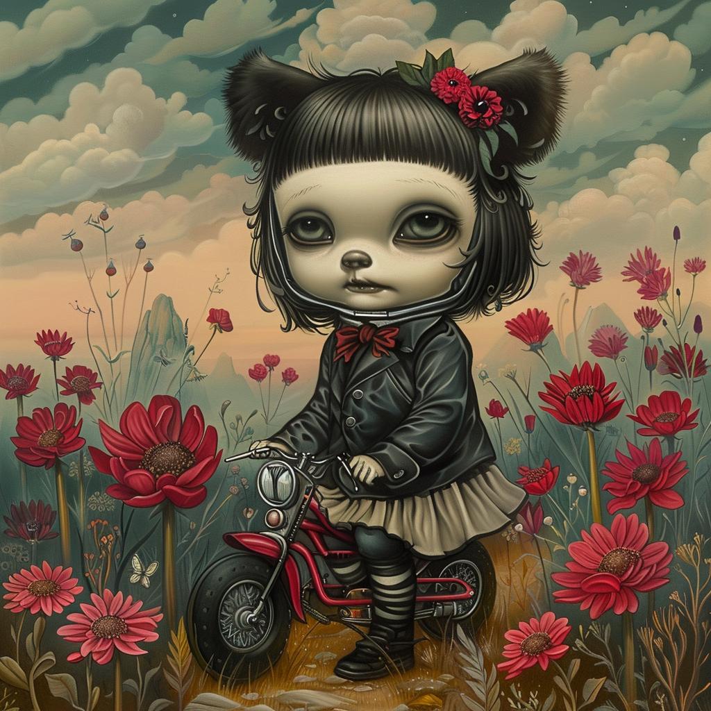 cat  motorcycle  field  flowers  painting  colorful  playful  nature  vehicle  whimsical 1028462