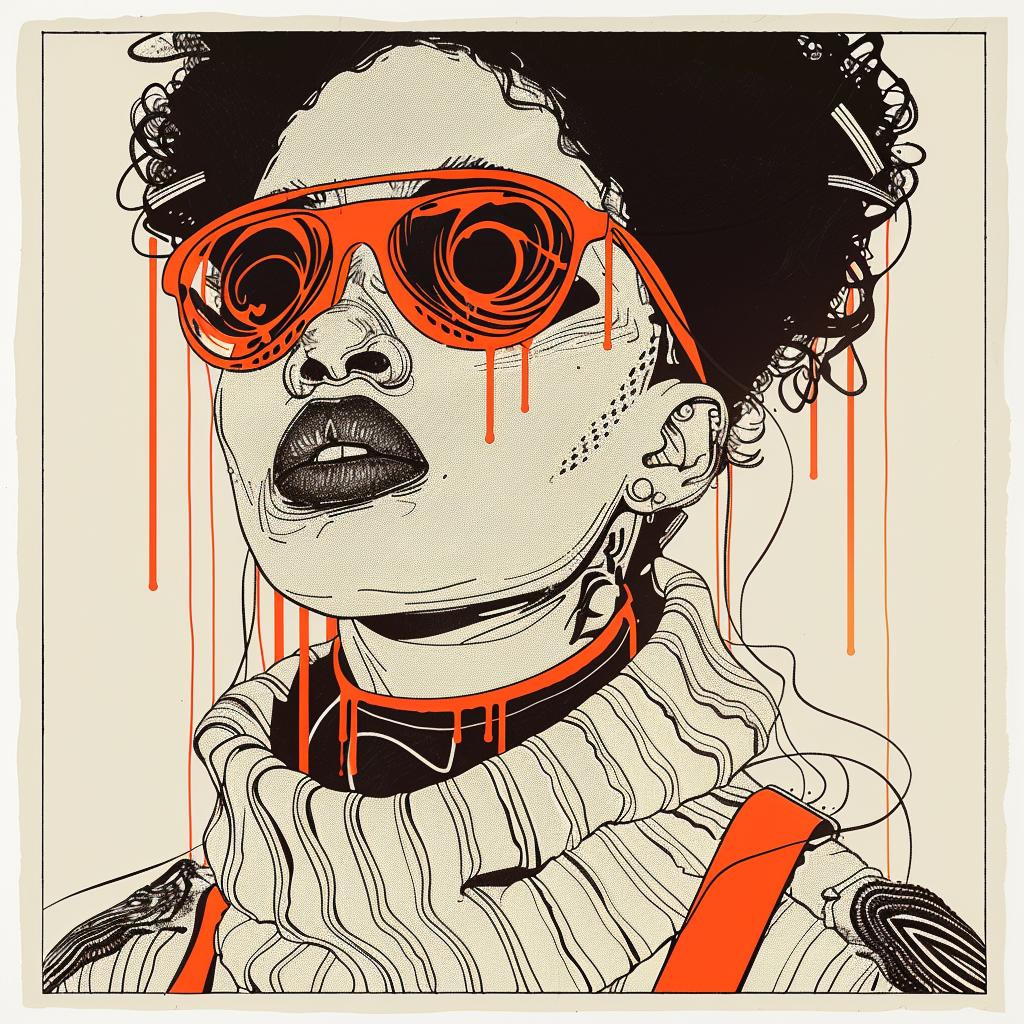 Pop Art  model  African-American  four eyes  dripping  eye makeup  Troy Brooks  white background  sweater  advertisement 939320