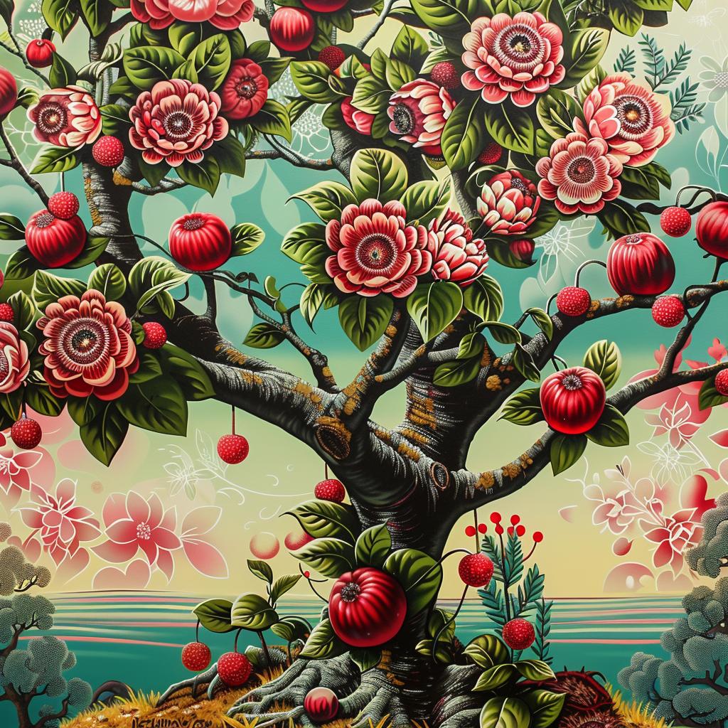tree  red  flowers  chromolithography  painting  nature  vibrant  white  background  art 1033424