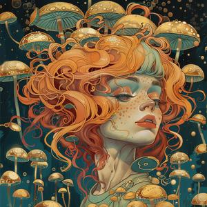 Kirby  comic  ArtNouveau  surrealism  pointillism  woman  mushrooms  orange  indigo  teal 1076445