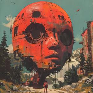 surreal  album  cover  Risograph  symbolist  hyper-realistic  screenprinting  giant  head  walking 1079574