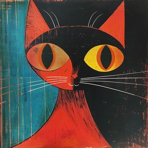 cat  painting  1960s  yellow  eyes  whimsical  portrait  feline  charming  colorful 1079854