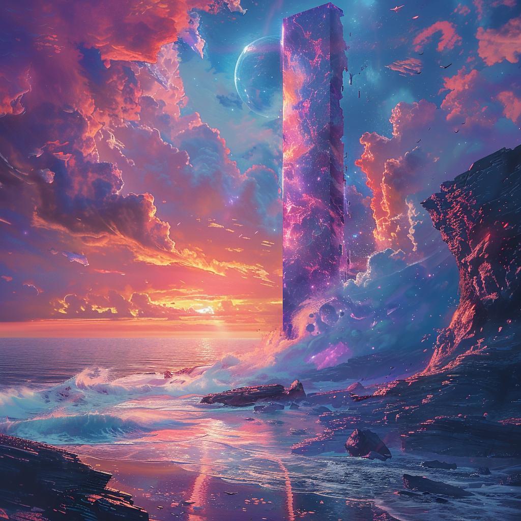 monolith  ocean  sunset  landscape  painting  vibrant  colors  dramatic  tower  nature 943459