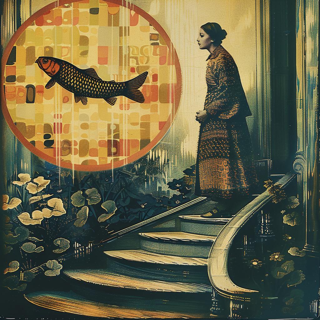 woman  staircase  fish  chromolithography  painting  vibrant  figurative  background  colorful  detailed 1020968