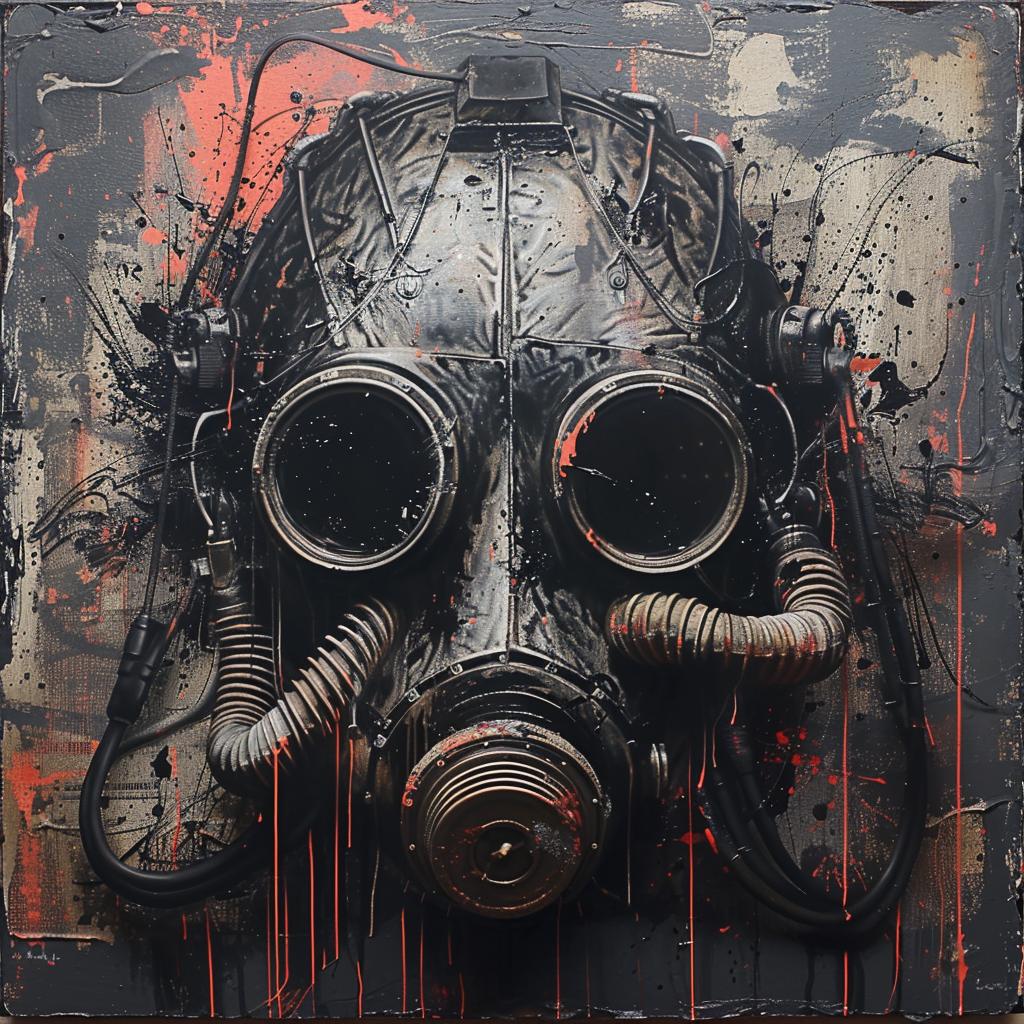 surreal  album  cover  gasmask  splatters  futuristic  hyper-realistic  screenprinting  Marc  Allante 959955