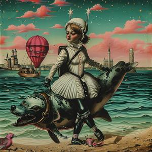 woman  dolphin  ride  fantasy  chromolithography  whimsical  ocean  surreal  playful  colorful 1037821