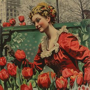 woman  red  dress  tulips  building  painting  chromolithography  nature  floral  urban 1053150