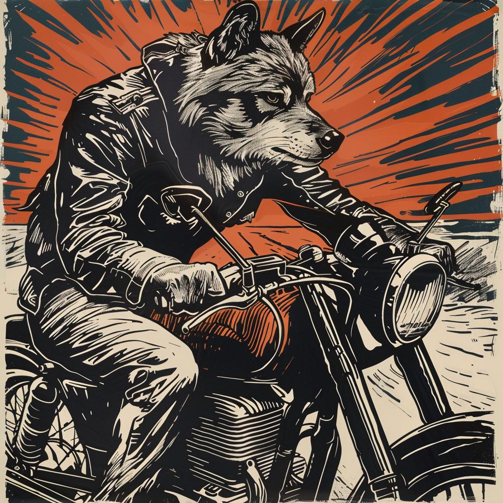 wolf  helmet  motorcycle  anthropomorphic  stylized  riding  poster  black  background  drawing 1025912