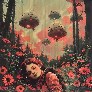 girl  grass  flowers  flying  saucers  chromolithography  nature  dreamy  whimsical  colorful 1059775