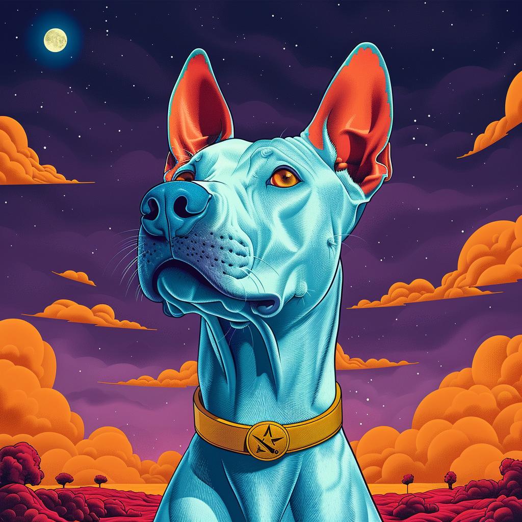 Bullterrier  dog  moon  blue  orange  ears  collar  whimsical  night  fantasy 940911