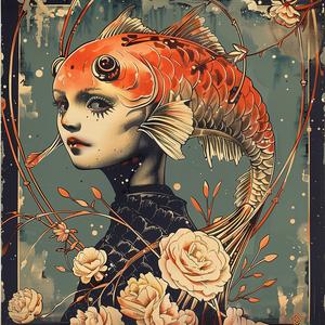girl  fish  flowers  chromolithography  colorful  portrait  nature  artistic  whimsical  beauty 1048029