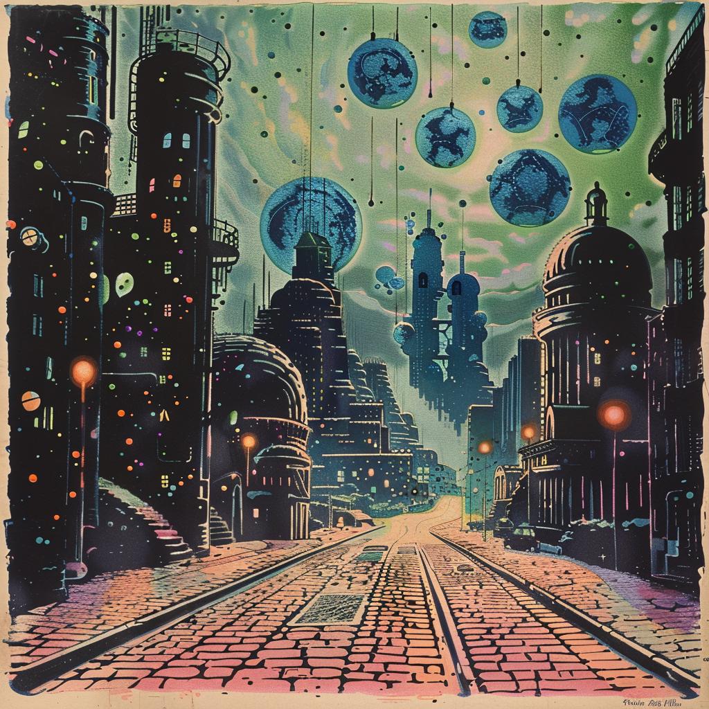 painting  city  lights  blue  green  abstract  night  urban  scenery  colorful 1034659