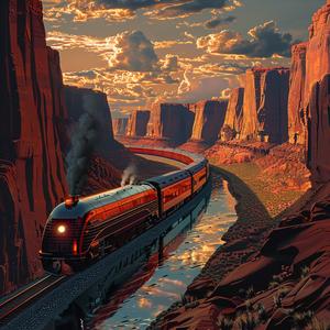 train  steamliner  canyon  sunset  surreal  landscape  Hiroshi  Nagai  travel  visualization 1079881