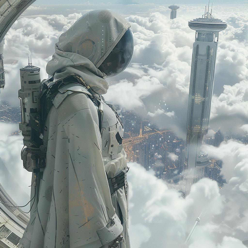 تصوير سريالي، سايبورغ، أنمي مستقبلي، ديستوبيا، مدينة، غيوم، آلة سينمائية، ملابس تقنية 1028921