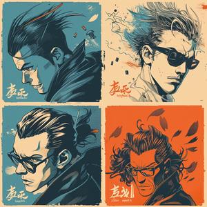 manga  dynamic  quadriptych  action  characters  thick outlines  courage  wisdom  passion  peace 1075288