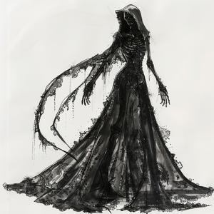 fashion  drawing  skeleton  Grim  Reaper  catwalk  black  dress  crayon  illustration 1071904