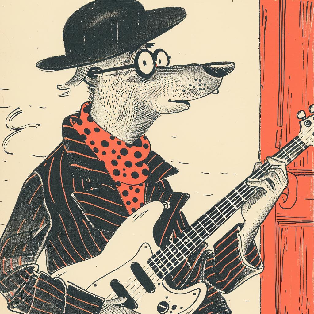 dog  guitar  cartoon  anthropomorphic  music  Moebius  colorful  playful  suit  hat 922789
