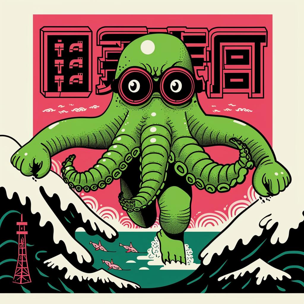 octopus  goggles  wave  background  creature  Japanese  lettering  art  illustration  design 945844