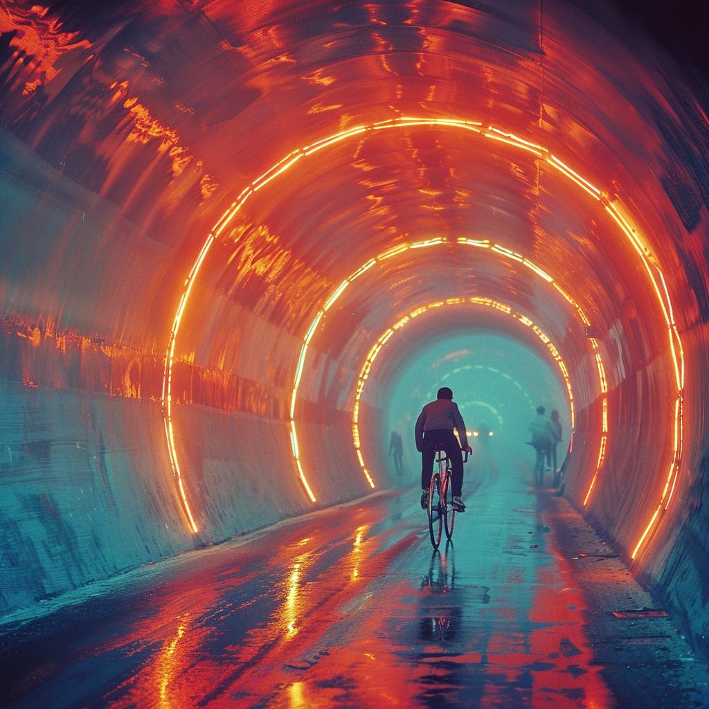 double  exposure  tunnel  lighting  red  bicyclist  surreal  volatile  natural  night 1031512