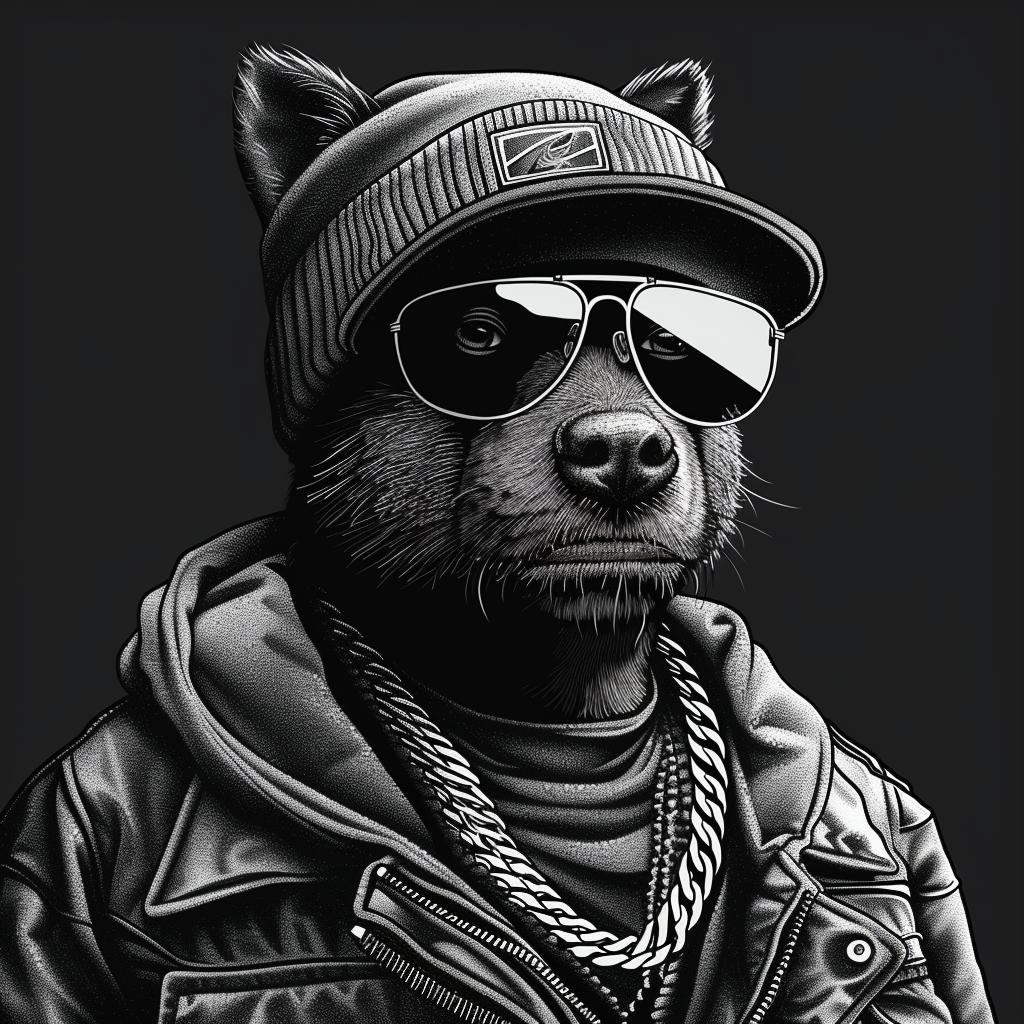 رسم دب أسود أبيض، نظارات شمسية، قبعة، صورة شخصية بسيطة بأسلوب حضري 959234