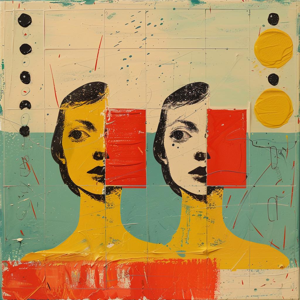 encaustic  paint  palette-knife  impasto  two  women  squares  red  yellow  abstract 1016108