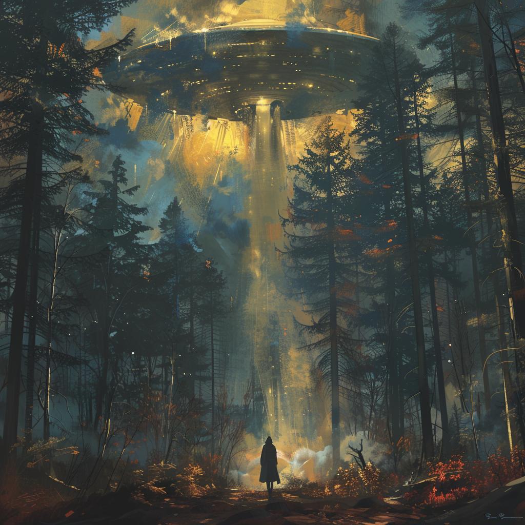 UFO  alien  forest  concept  sci-fi  illustration  dramatic  symmetry  detailed  faded 922401