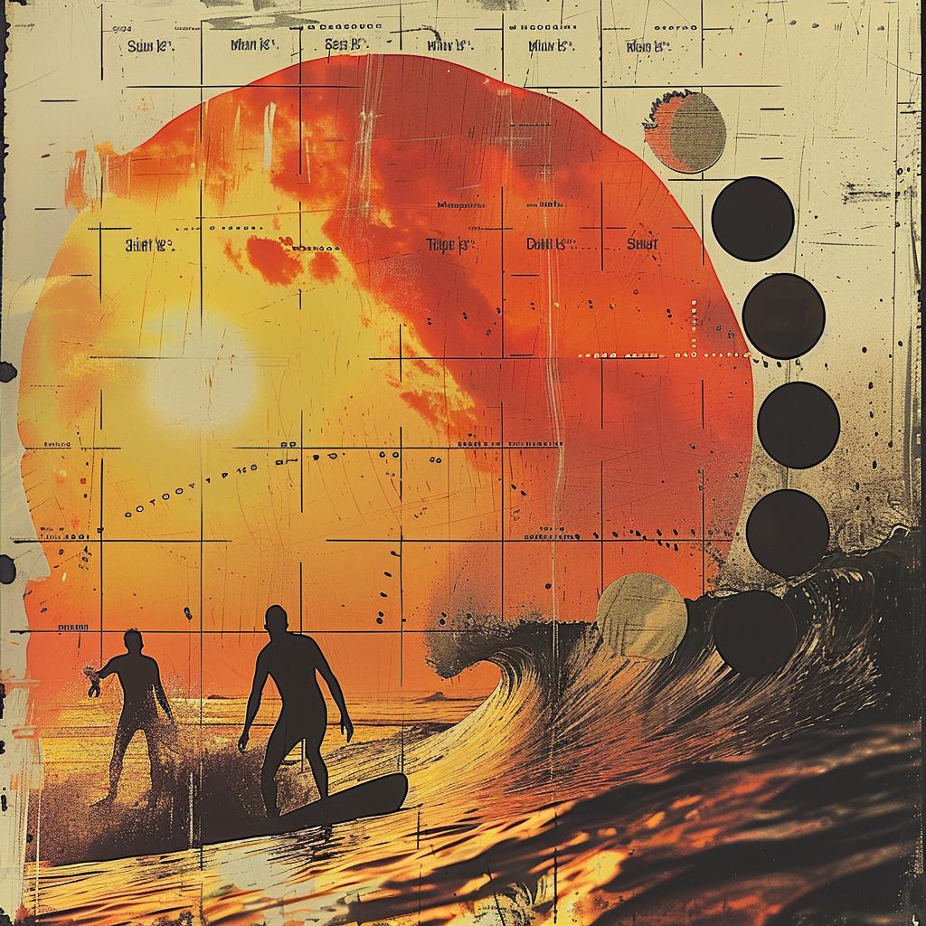 surfers  beach  photographic  collage  color  silhouettes  vibrant  ocean  waves  poster 1034347