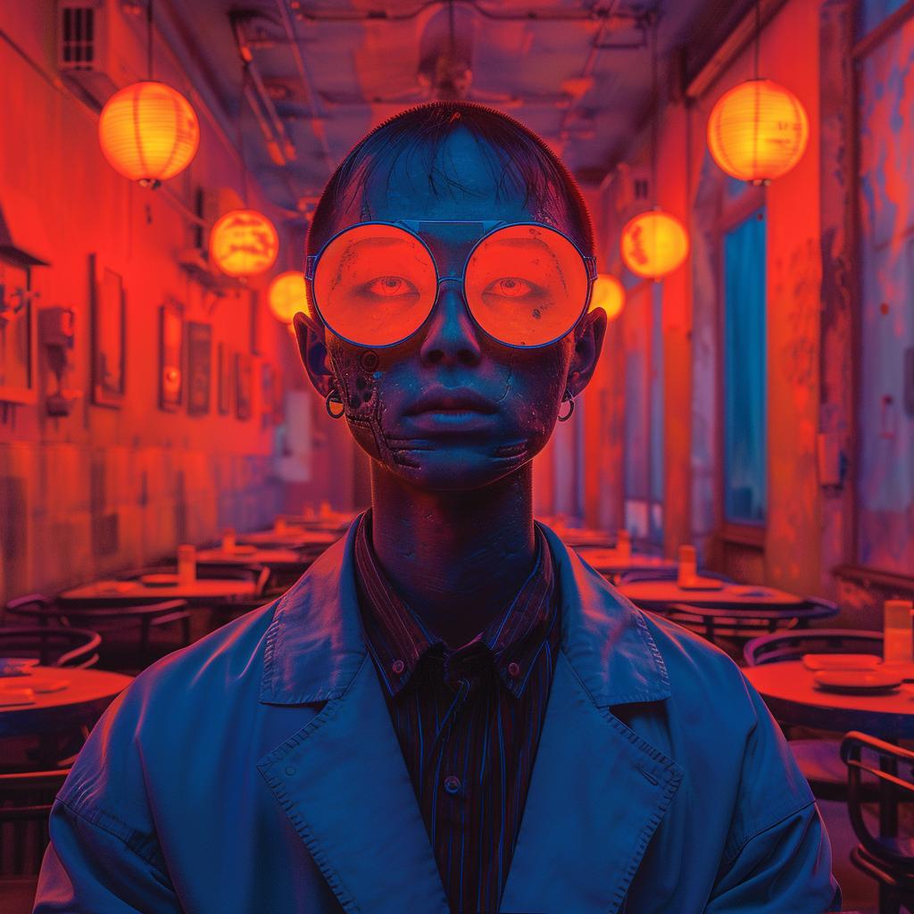 lifestyle  photo  surreal  neon  mask  restaurant  FAUVISM  natural  lighting  grain 1019945