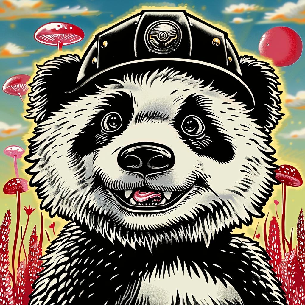 panda  bear  hat  mushroom  whimsical  illustration  playful  colorful  creature  cartoon 1033030