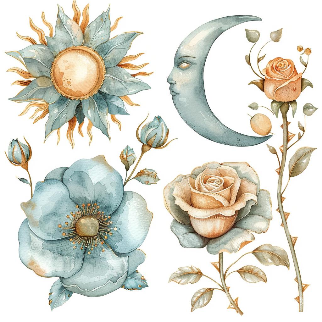 clipart  watercolor  flowers  sun  moon  roses  botanical  soft  pastel  charming 960159