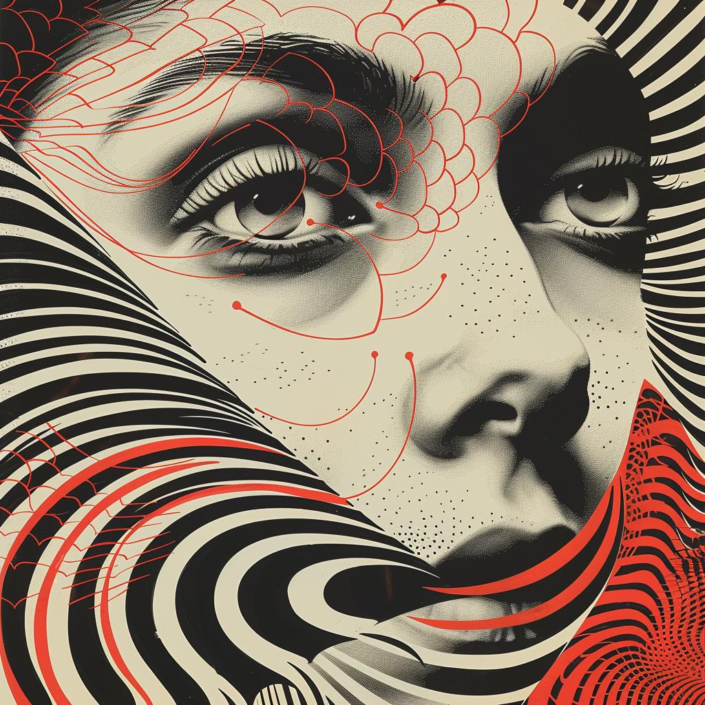 غلاف ألبوم سريالي، وجه امرأة مطبوع عليه طباعة الشاشة فائقة الواقعية، تصميم أحمر وأسود 960412